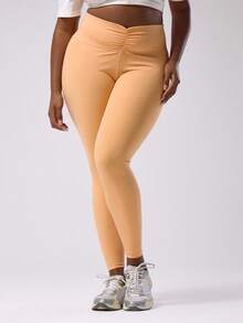 MUSERA Legging Ketat Berkerut Ukuran Plus untuk Olahraga Kasual, Legging Latihan Dasar - Kuning - View 2