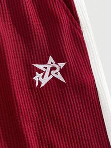 ROMWE MEN Prep Men's Contrast Color Patchwork Star Embroidery Drawstring Waist Sweatpants - Burgundy - View 4
