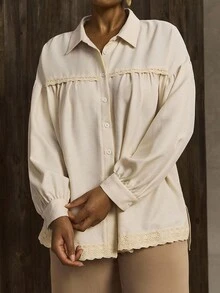 Linhara Damen Große Größen Gewebtes Patchwork Spitzenbesatz Regular Lässig Langarm Beige Bluse, Frühling/Herbst - Beige - Übersicht 4