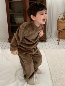 DAZY Komplet piżamowy dla chłopca w koreańskim stylu, z okrągłym dekoltem, długim rękawem i luźnym krojem, 2 sztuki, jesień i zima - Kawowy brązowy - Zobacz 3