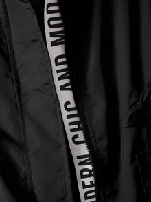 1 件女童字母装饰抽绳连帽风衣夹克，休闲宽松秋季外套 - 黑色 - 查看 6