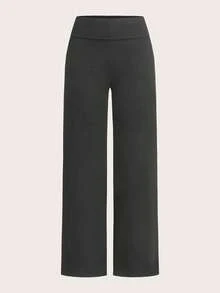SHEIN EZwear 2 件套黑色和深灰色女士休闲高腰折叠阔腿直筒裤，适合夏季 - 彩色 - 查看 3