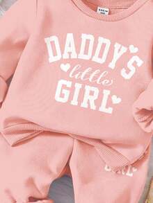 Soft Mist Pink "Daddy's Little Girl❤" Baby Girl Casual Thick Soft Long Sleeve Crew Neck Sweatshirt And Pants Tracksuit Set, Suitable For Autumn/Winter, Autumn Outfits For , Easy Comfort, Autumn Layers For Baby & Baby Girl, Stylish Baby Girl, Casual Wear, Baby Girl Graphic Tracksuit, Fall Clothes - Pink - View 6