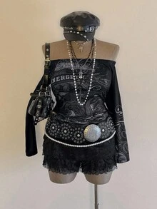 Sweetra Sunspun-D Camiseta de manga larga con estampado de letras de moda, de corte ajustado, con diseño de hombros descubiertos, vintage, audaz y vanguardista, adecuada para uso diario, estilo universitario, Halloween, para mujeres de talla grande - Negro - Ver 4