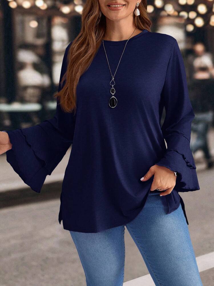 Plus Size Winter Women Casual Purple Bell Sleeve Side Slit T-Shirt