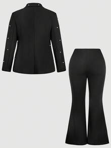 SHEIN MOD 大码珍珠装饰长袖上衣和喇叭裤两件套西装 - 黑色 - 查看 2