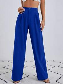 SHEIN Essnce Zipper Fly Fold Pleated Solid Wide Leg Trousers - Royal Blue - View 1