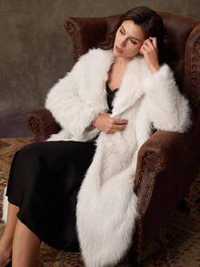 Lilora Abrigo largo de imitación de piel de mujer para otoño/invierno, con cuello de piel de zorro, chaqueta minimalista de alta moda