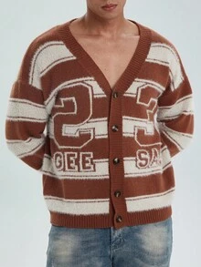 Claim Dot Men's Casual Fashion Street Numeric & Letter Striped Pattern V-Neck Button-Up Cardigan, Autumn/Winter - Khaki - View 1