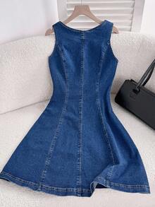 Comfortcana Women's Denim Dresses Backless Dresses Blue Dresses Short Dresses Vest Dresses Women's Dresses Women's Summer Round Neck Backless Tie Up Sleeveless Denim Dress Summer Dresses For Women Summer Outfits For Women Summer Dresses For Vacation Country Outfits Women Streetwear Y2k Clothes, Old Money, Business Casual Woman - Dark Wash - View 3