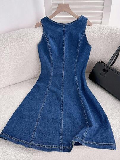 Comfortcana Vestido de mezclilla sin mangas con cuello redondo, espalda descubierta y atar atrás, para mujer en verano
