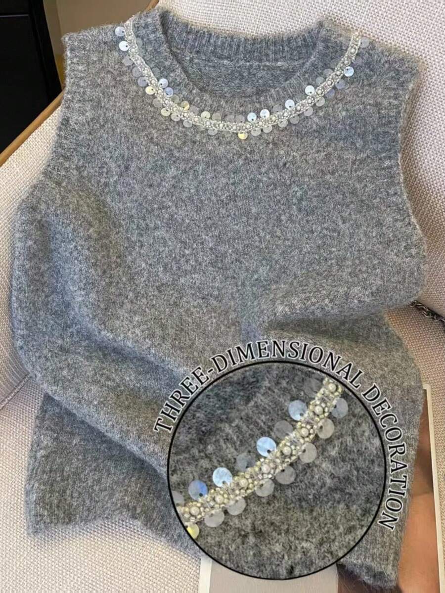 SHEIN Casual Sequin Decor Regular Fit Knit Vest - Grey - View 1