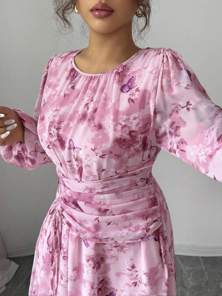 Modelyn Chiffon Butterfly Print Ruched Round Neck Long Sleeve Dress Dress Modest Pink Floral Dress Feminine Dress Floral Dress - Multicolor - View 7