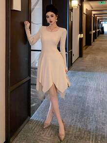 DAZY Women's Autumn Patchwork Asymmetrical Hem Waist Cinched Sweater Dress