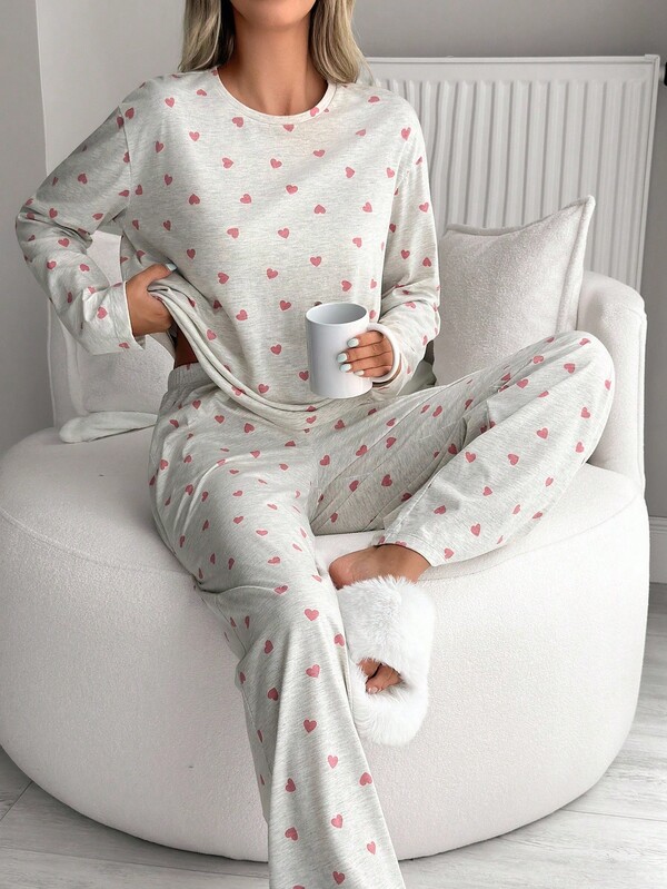 Baumwolle Damen 2-teiliges Herzmuster Rundhals Langarm Top & Schlafanzughose Homewear Komfort Loungewear Pyjama Set für Damen