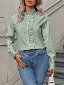 EMERY ROSE Women's Ruffle Collar Long Sleeve Striped Single-Breasted Casual Shirt - Dark Green - View 6