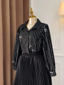 SHEIN Clasi Women's Black Long Sleeve Rhinestone Embellished Shirt - Black - View 9