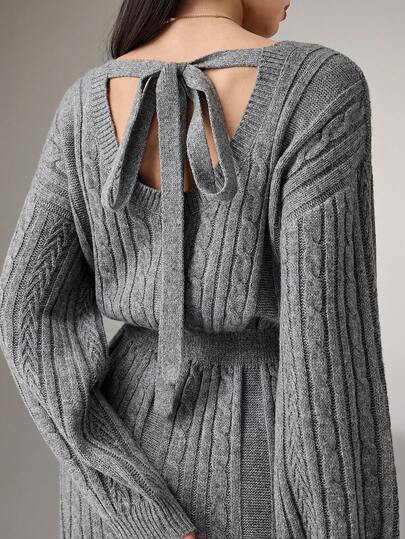 Heiryn 女式秋季扭纹落肩长袖针织连衣裙