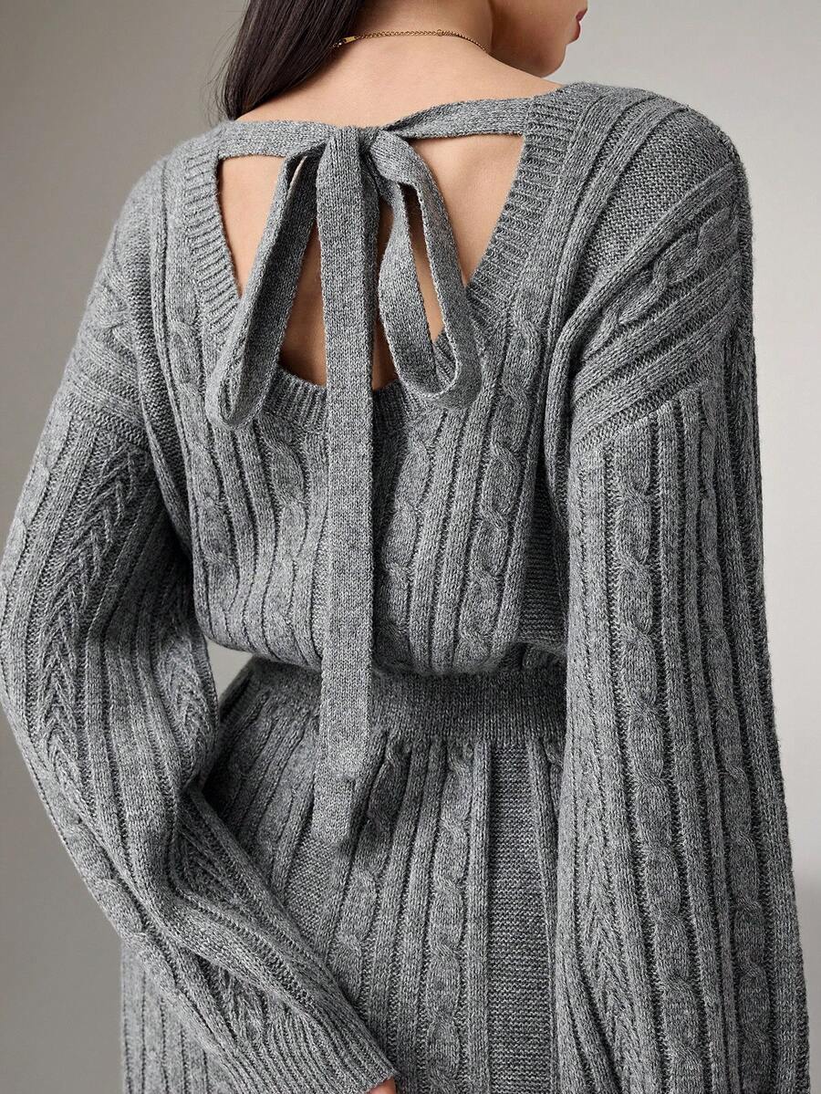 Heiryn 女式秋季扭纹落肩长袖针织连衣裙 - 深灰色 - 查看 1