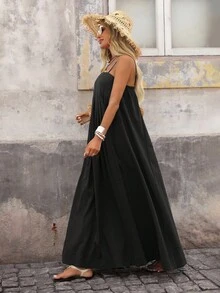 Brillora Vestido de ajuste holgado de unicolor tejido con tirantes de espagueti, para mujeres, apto para primavera y verano - Negro - Ver 4
