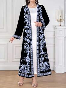 Al Najma 1 件女士舒适黑蓝花卉长袍，适合所有季节的传统服装，精致的花卉图案神秘优雅奢华，衣领、袖口和下摆饰有复古花卉饰边，适合女性日常穿着、约会、休闲、派对、度假、朴素的长袍