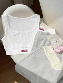 Comfortcana 2 pezzi/set Top a canotta con stampa di lettere e pantaloni a blocchi di colore a contrasto, crema e giallo, adatto per vacanze estive - Grigio - Visualizzare 3