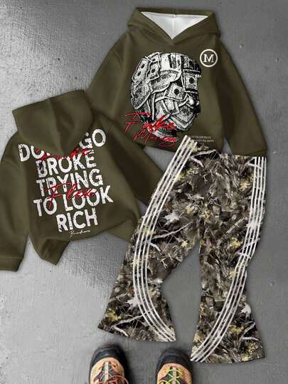 SHEIN 2pcs/Set Young Boys Casual Loose Comfortable Thickened Hoodie With Classic Portrait & Leaf Branch Print, Flared Pants, Suitable For Autumn/Winter Fall