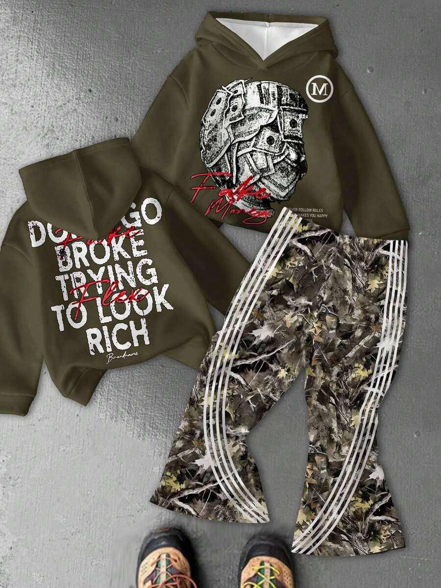 SHEIN Set 2 buc. Hanorac cu glugă, îngroșat, casual, lejer, confortabil, cu imprimeu clasic cu portrete și crengi de frunze, pantaloni evazați, potrivit pentru toamnă/iarnă