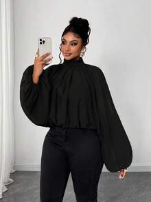 Maweii Áo sơ mi tay đèn lồng cổ đứng màu trơn thanh lịch cỡ lớn dành cho người đi làm - màu đen - Xem 5