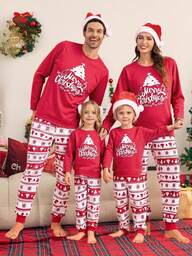 SHEIN 1 Set Merry Christmas Women's Pajamas - Red Long Sleeve Top With Decorative Christmas Tree Print, "Merry Christmas" Text In White Cursive Font, Contrasting Color Block Pants With Layered Christmas Tree & Snowflake Print. Stretchy, Breathable Knit Fabric, Machine Washable, Comfortable Fit, Easy Care. (4 Sets Sold Separately) Family Christmas Matching Pajamas Set, Fall Winter Clothes