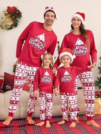 SHEIN 1 Conjunto de Pijama Navideño para Mujer - Parte superior de manga larga roja con estampado decorativo de árbol de Navidad, texto "Feliz Navidad" en fuente cursiva blanca, pantalones con bloques de color contrastante con estampado de árbol de Navidad y copos de nieve. Tela elástica y transpirable, lavable a máquina, ajuste cómodo, fácil cuidado. (Se venden por separado 4 conjuntos) Conjunto de pijamas a juego para la familia, ropa de otoño e invierno