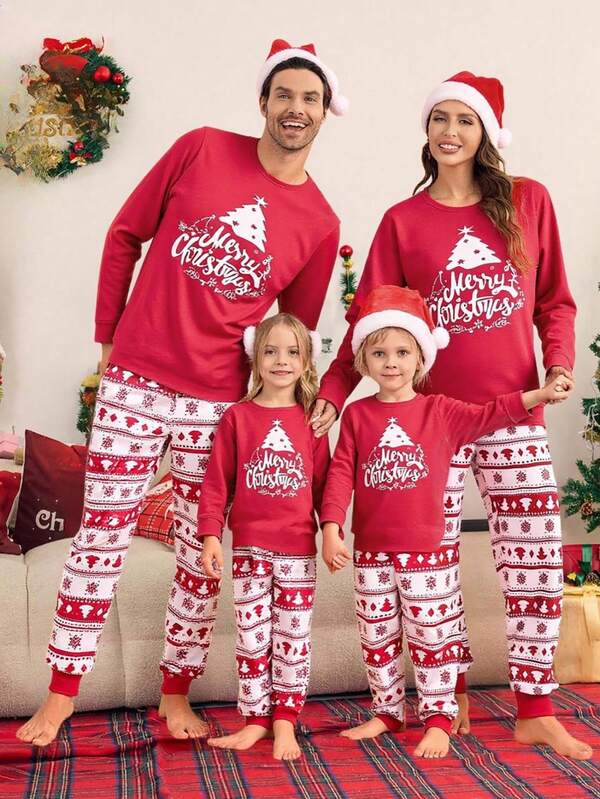 SHEIN 1 Set Merry Christmas Women's Pajamas - Red Long Sleeve Top With Decorative Christmas Tree Print, "Merry Christmas" Text In White Cursive Font, Contrasting Color Block Pants With Layered Christmas Tree & Snowflake Print. Stretchy, Breathable Knit Fabric, Machine Washable, Comfortable Fit, Easy Care. (4 Sets Sold Separately) Family Christmas Matching Pajamas Set, Fall Clothes