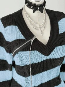 Sunspun Black & White Striped Pullover Sweater With Zipper Decor, Dark Style For Women - Blue - View 5