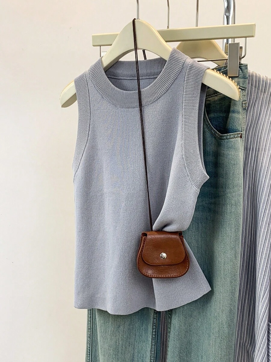 SHEIN Áo len cổ tròn không tay đơn sắc, thoải mái, đa năng dành cho nữ - Xám - Xem 1