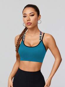 Easithlete Sexy Criss-Cross Back Letter Print Racerback Sports Bra With Adjustable Clasp Cross Back Sports Bra Color Block Sports Bra Workout Top Open Back Workout Tops Backless Open Back Gym Tops - Baby Blue - View 7