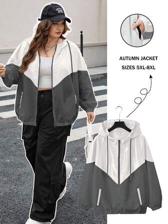 SHEIN CURVE+ Curves Plus Size/Chool Clothes/Back To School Clothes /Back To SchoolPlus Size Women's Two-Color Spliced Hooded Jacket With Pocket Jacket Track Suits For Women Jogging Suits For Women 2 Pieces Casual Sets Woman Modern Clothes For Women Plus Size Track Suits,Fall Clothes For Womenfall Clothes For Women,Winter,CURVE PLUS