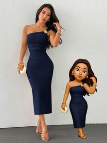 SHEIN PETITE Gold Color Brooch Decor Asymmetric Neck Ruched Fishtail Dress - Navy Blue - View 2