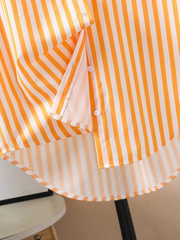 Teens/Teen Girls Loose Casual Striped Woven Long Sleeve Shirt With Pockets, Paired With Loose Wide-Leg Pants, Skinny Pants, Shorts, Or Mini Skirt Fall Winter - Yellow - View 6