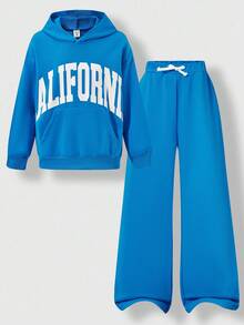 SHEIN Explorewe 2pcs/Set Tween Boy California Print Hoodie Sweatshirt & Wide Leg Pants Set, Casual Loose Fit, Autumn/Winter Fall - Blue - View 1