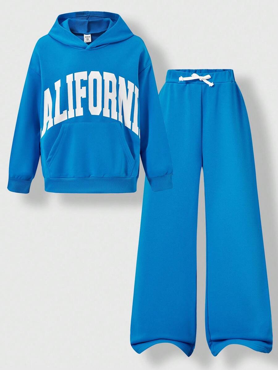 SHEIN Explorewe 2pcs/Set Tween Boy California Print Hoodie Sweatshirt & Wide Leg Pants Set, Casual Loose Fit, Autumn/Winter Fall - Blue - View 1