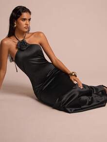 Glamine Women's Silky Satin Knitted Floral Decoration Backless Halter Neck Elegant Maxi Dress, Women's French Black Solid Color Three-Dimensional Flower Decoration Slim Sleeveless Temperament Long Dress, Elegant Sexy Slim Skin-Friendly Breathable Drape Sexy Pure Hot Girl Party Holiday Long Dress Costumes - Black - View 3