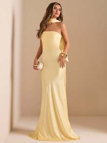SHEIN BAE Elegant Strapless Backless Dress With Sash, Sexy Solid Color Cream Yellow Formal Gown For Party, Cocktail, Wedding, Birthday, Bridesmaid,Dresses For Women Elegant,New Year Dress ,Elegant Party Dresses,Dresses For Women Elegant - Light Yellow - View 6