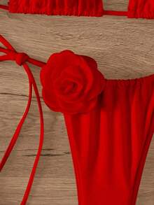 Swim Mod 2025 Women Summer Beach Solid Color 3D Floral Decor Halter Tie Sexy Bikini Swimsuit Set - Red - View 4