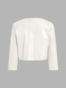 SHEIN Essnce Áo khoác da PU dài tay hở trước thiết kế xếp ly màu trơn thời trang cho nữ, mùa thu - trắng - Xem 2