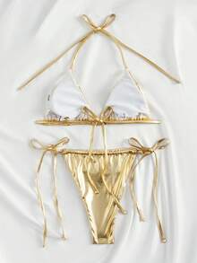 Swim Basics 夏季海滩金属比基尼套装吊带微三角文胸和系带侧丁字裤 2 件比基尼 - 金色 - 查看 2