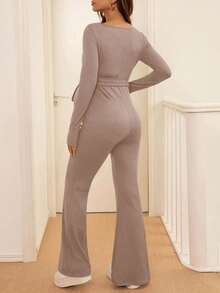 SHEIN Maternity Solid Color Simple Long-Sleeved Jumpsuit - Khaki - View 2