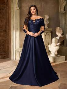 Aureia Đầm maxi dáng chữ A dài tay, trễ vai, chất liệu satin co giãn, sang trọng, thêu ren tinh tế, cỡ lớn, thích hợp cho đám cưới, tiệc tùng, kỳ nghỉ, dạ hội, ngày Valentine. - Màu xanh hải quân - Xem 7