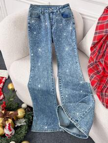 Comfortcana 女式休闲水洗水钻喇叭牛仔裤 - 中等水洗藍 - 查看 4