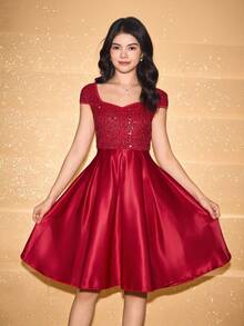 少女无袖亮片拼接束腰优雅万圣节圣诞连衣裙 - 紅色 - 查看 4