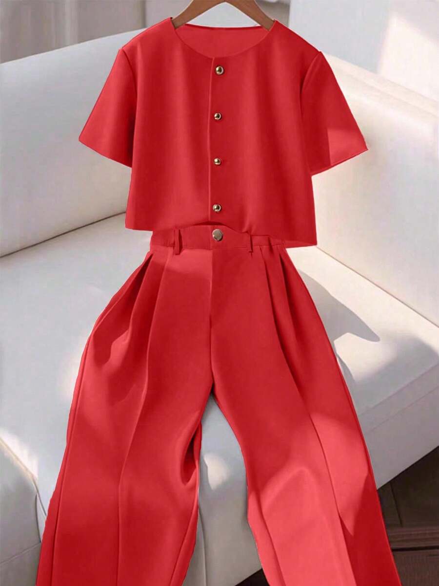 Franclia Bộ 2 áo sơ mi cổ tròn tay ngắn thanh lịch và quần âu thời trang dành cho nữ - Đỏ - Xem 1